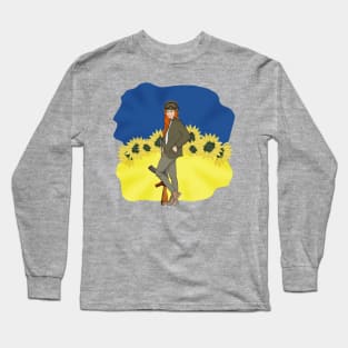 Ukrainian girl on the background of the Ukrainian flag Long Sleeve T-Shirt